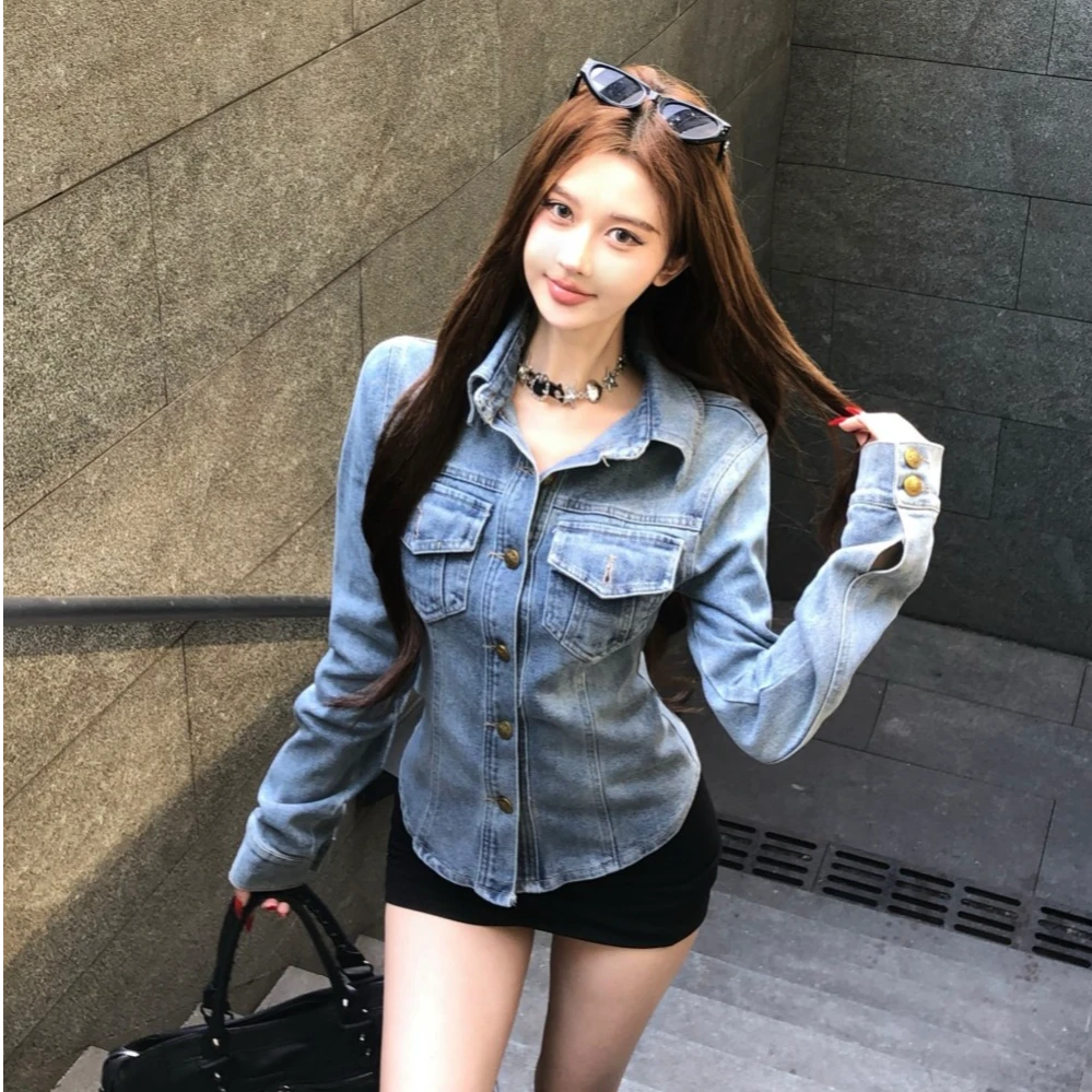 美式复古polo领长袖牛仔衬衫女春季收腰修身外套气质显瘦开衫上衣