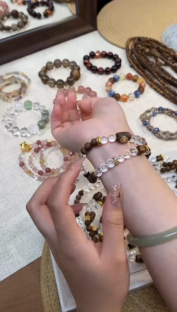 合金手链水晶《若水》白水晶奇楠沉香设计双圈7-8mm多样性发一