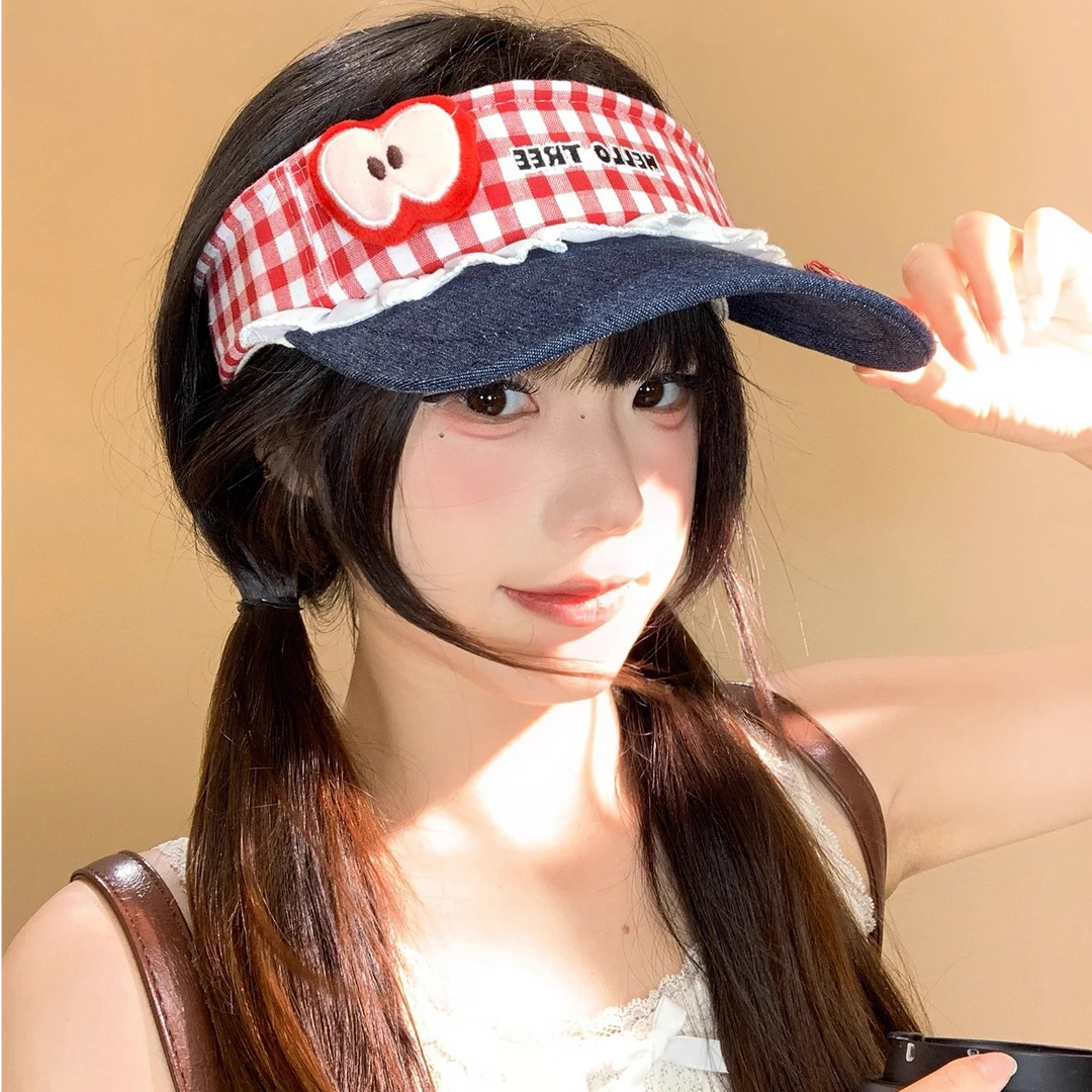 甜美可爱卡通kitty猫格纹牛仔空顶帽子女夏季百搭遮阳防晒鸭舌帽
