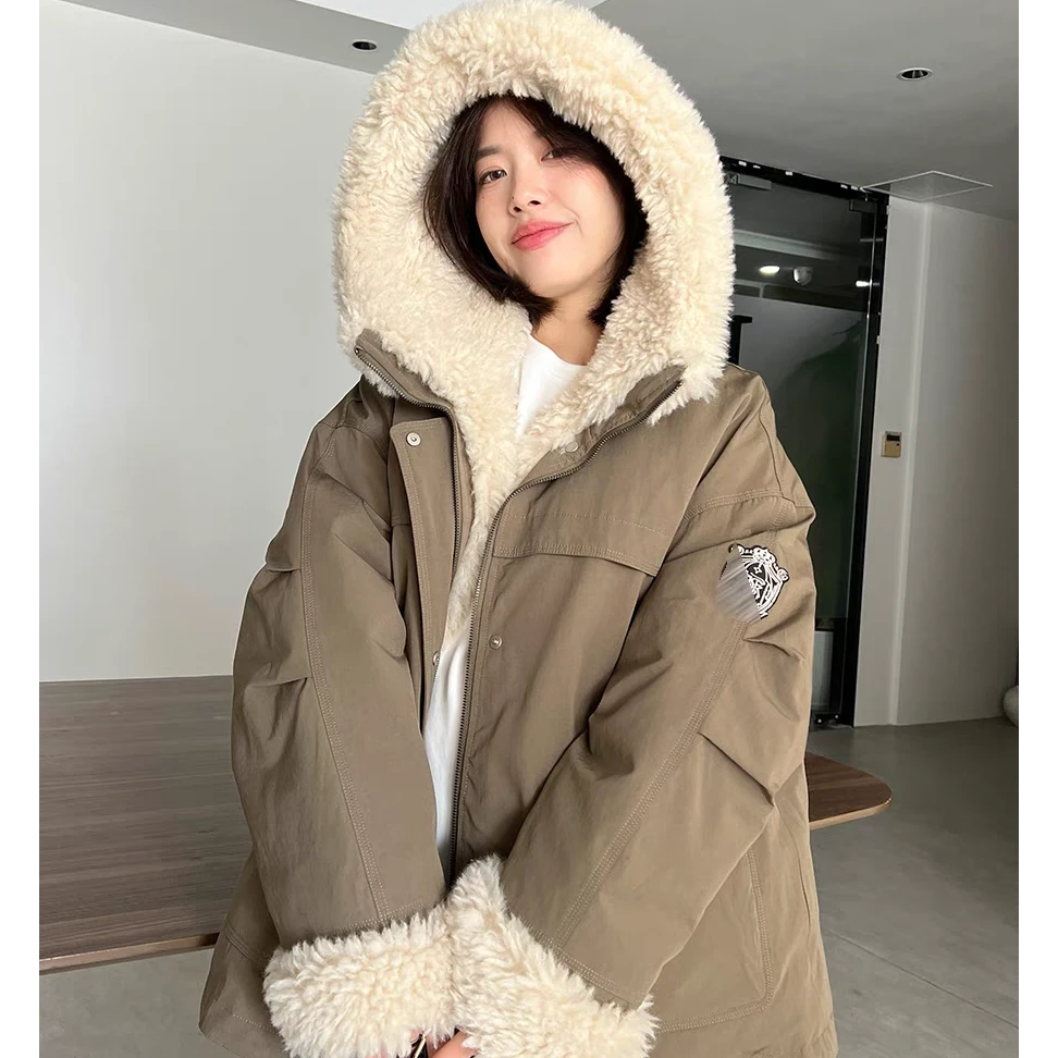 加厚保暖连帽毛毛中长款派克服外套女时尚休闲百搭2024年冬季新款