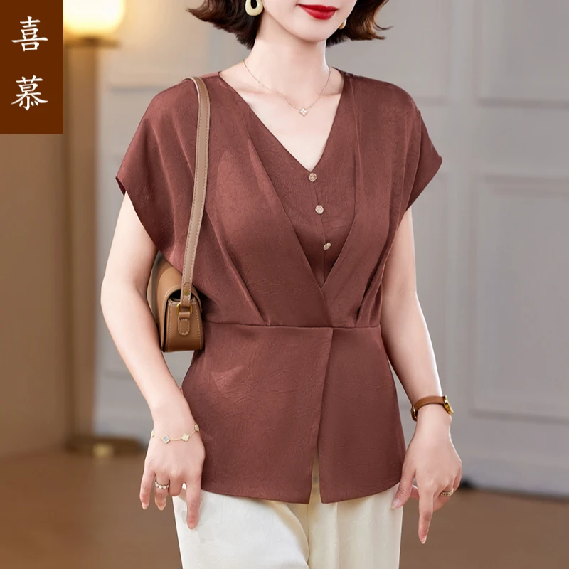 妈妈上衣高级感冰丝小衫2025新款中老年女装夏季短袖衬衫上衣