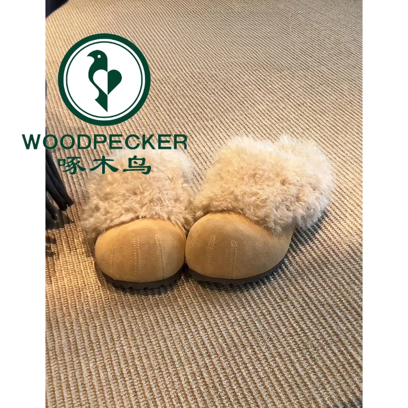 啄木鸟复古包头拖鞋女2026新款冬季一脚蹬毛毛勃肯鞋加绒保暖棉鞋