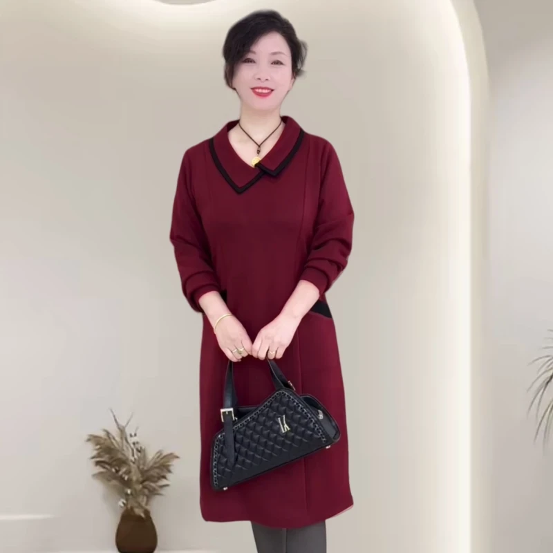 冬季款显瘦加厚保暖中长款连衣裙V领洋气长袖百搭遮肉连衣裙女