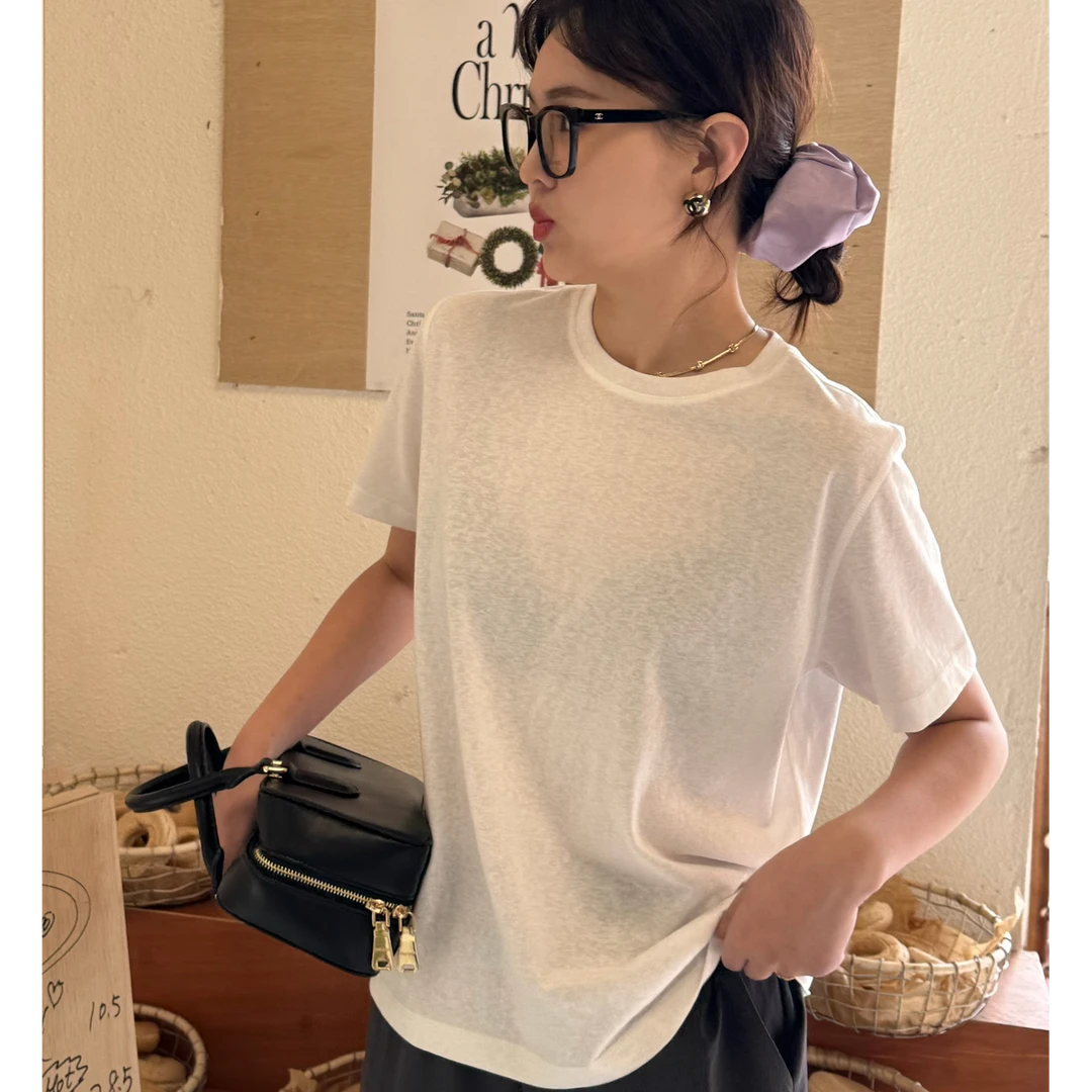 E*g家雪花轻盈tee短袖极简风纯色拼接宽松圆领T恤百搭白色3292