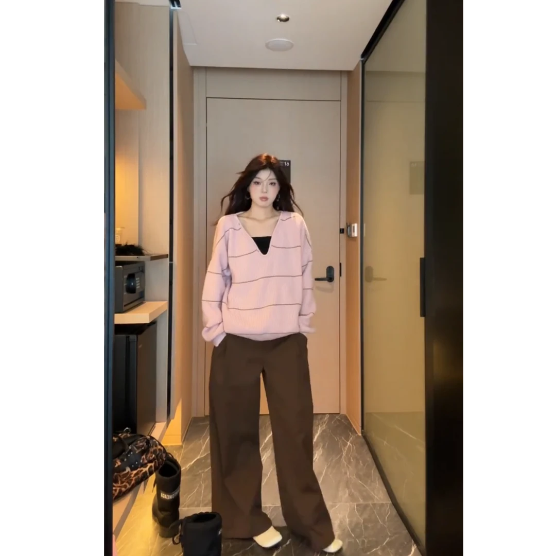 条纹V领套头毛衣慵懒高级感咖色高腰直筒裤韩系半裙三件套X11211
