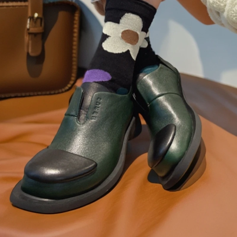 素人女鞋国潮真皮皮鞋休闲平底单鞋一脚蹬乐福鞋舒适英伦风百搭