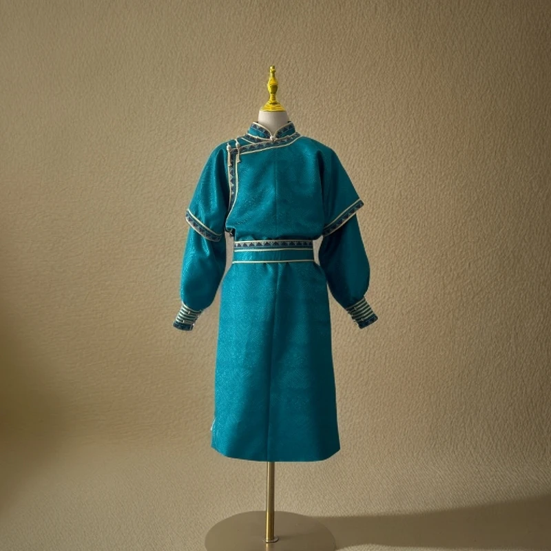 高琦男童孔雀绿山水提花双袖重工走秀日常儿童蒙古袍民族风演出