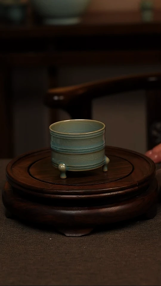 瓷片仿古天蓝全手工三足杯100ml 一级 礼盒包装