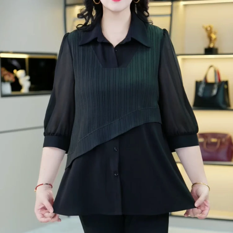 大码宽松舒适款显瘦气质时尚休闲上衣衬衫洋气黑色250933