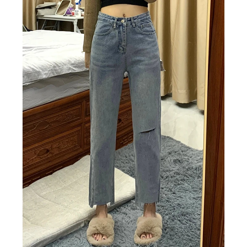 299春秋季新款高腰八分直筒牛仔裤小个子宽松显瘦九分烟管裤