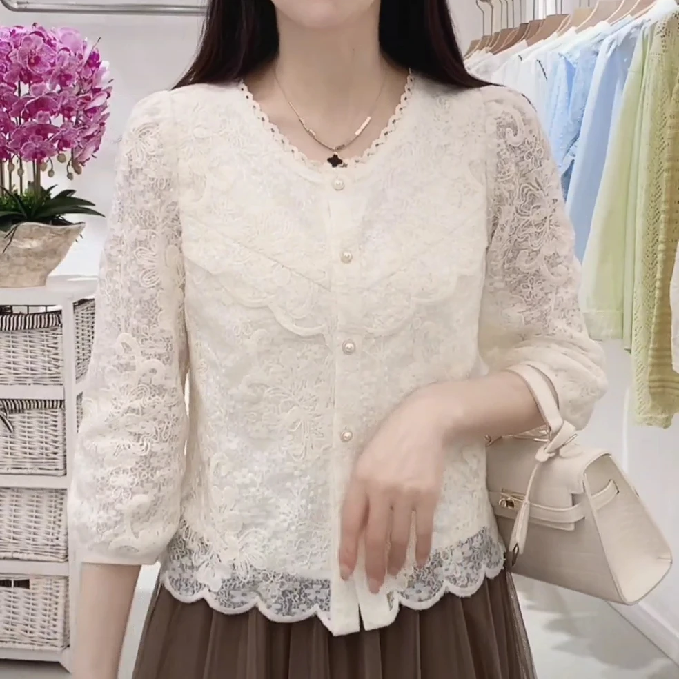 春秋季2025圆领7分袖极简风洋气衬衫女装百搭镂空薄款显瘦雪纺衫