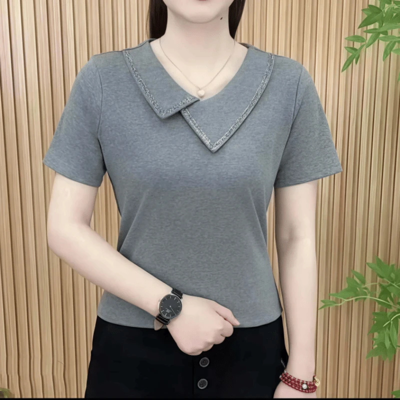 2025纯色百搭时尚减龄印花钻T恤洋气显瘦短袖小衫上衣