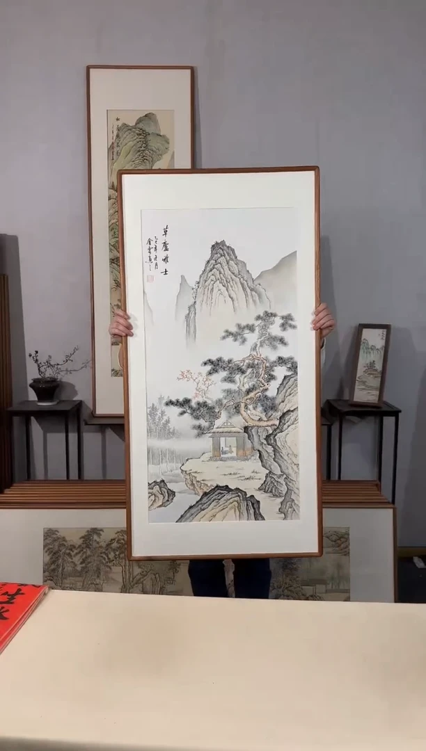 国画手绘*草庐雅士*62*122cm*原木色木框