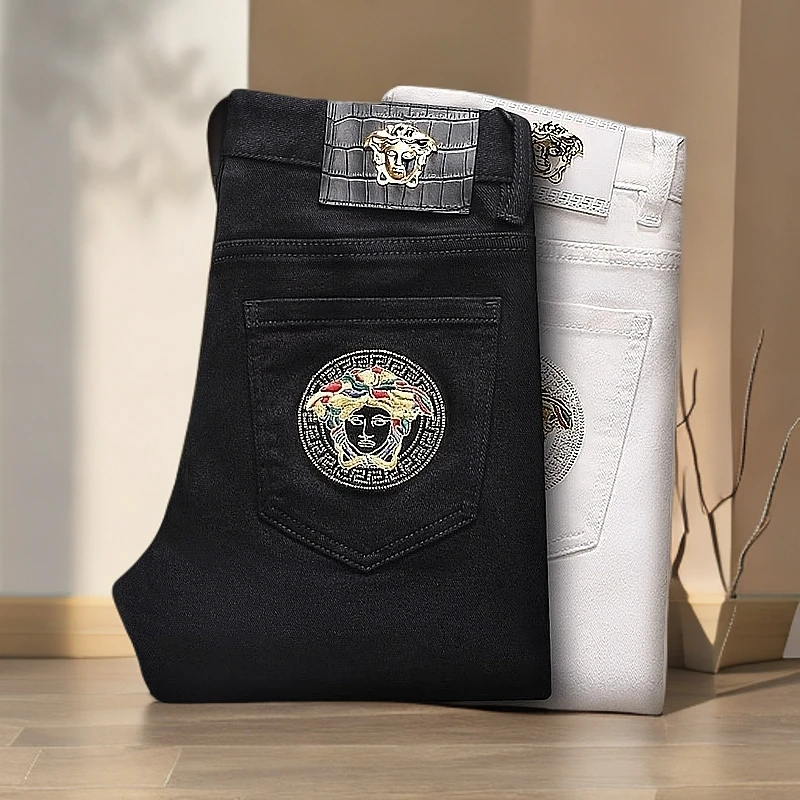 LUYEWEGER/路约威格高端轻奢刺绣牛仔裤男修身小直筒弹力薄款小脚