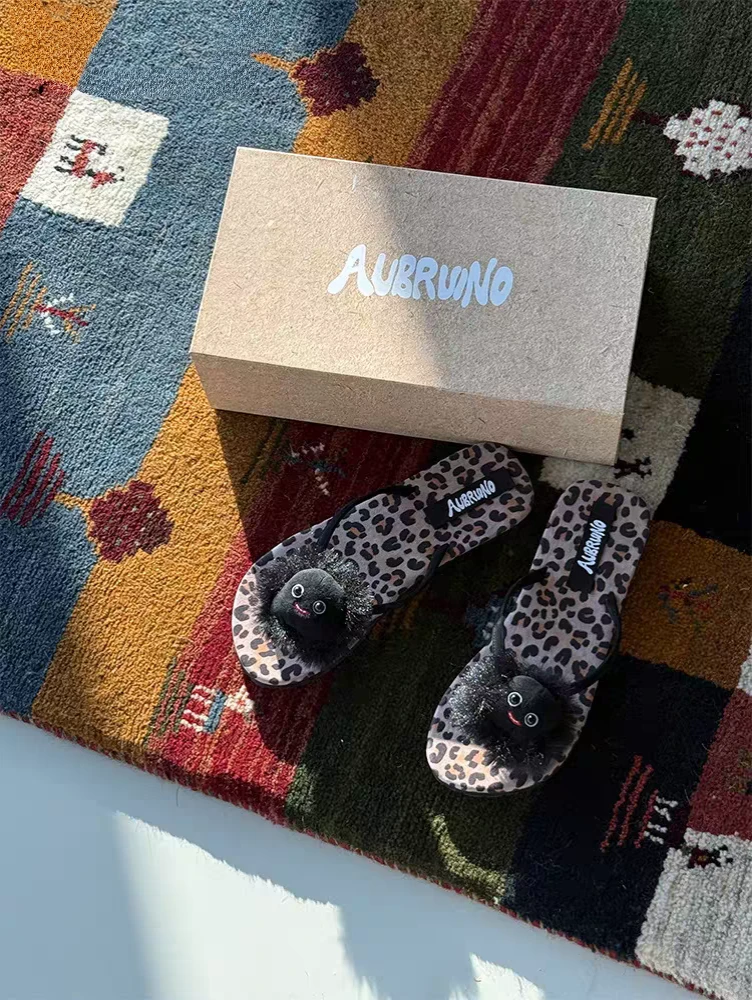 AUBRUINO原创设计师25新款黑脸娃娃豹纹沙滩拖鞋