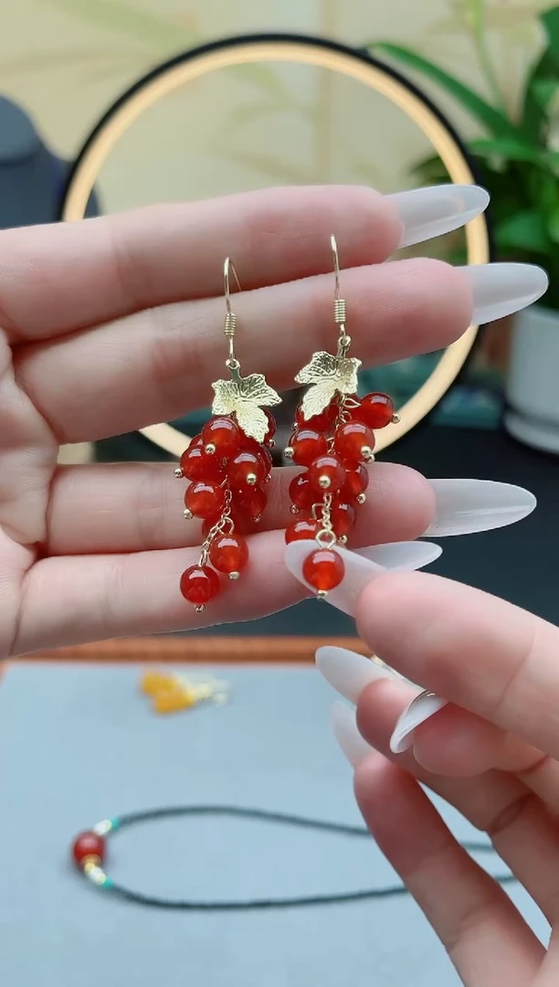 玛瑙/玉髓耳饰银S925镶嵌00葡萄红色