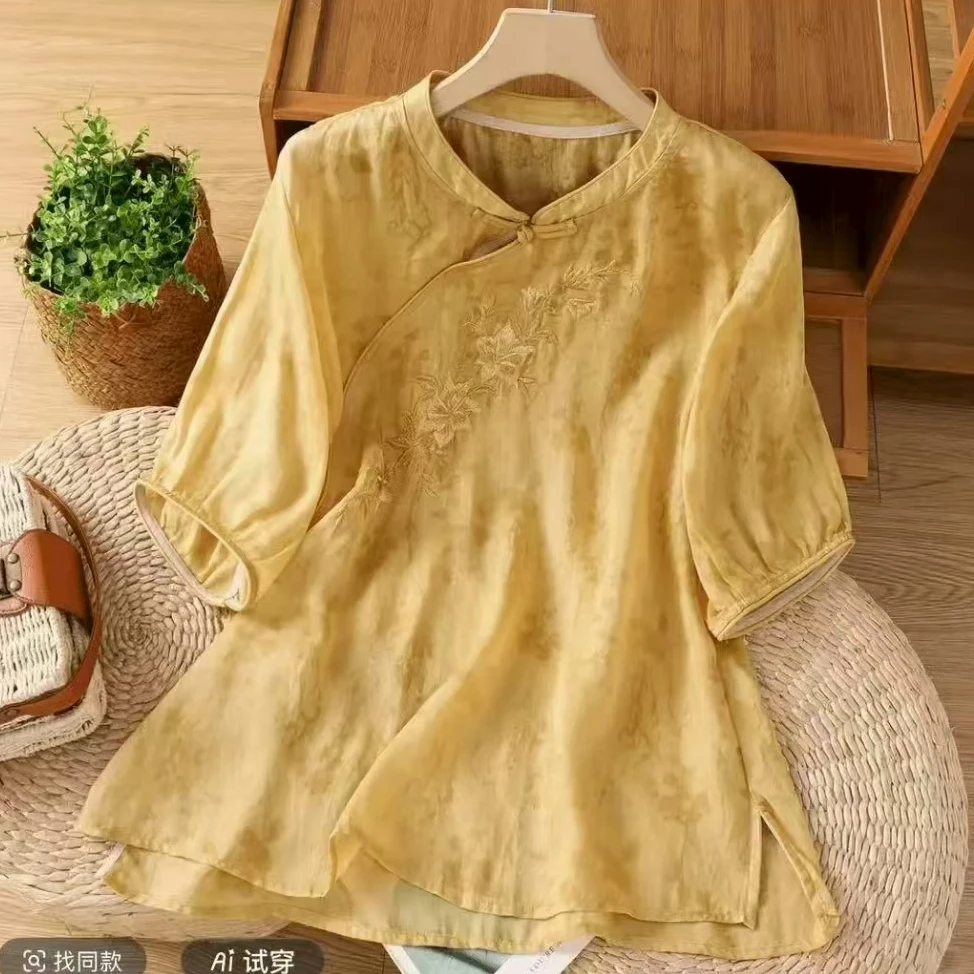 2025夏装新款新中式国风花衬衫女复古斜襟盘扣茶服上衣