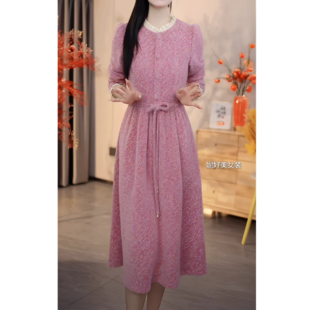 妮好美2025新款秋冬高贵洋气中长款加厚气质修身收腰显瘦连衣裙