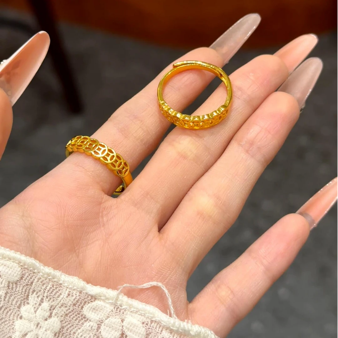 钛钢戒指 钱多多镂空铜钱戒指女气质轻奢简约百搭开口男女指环
