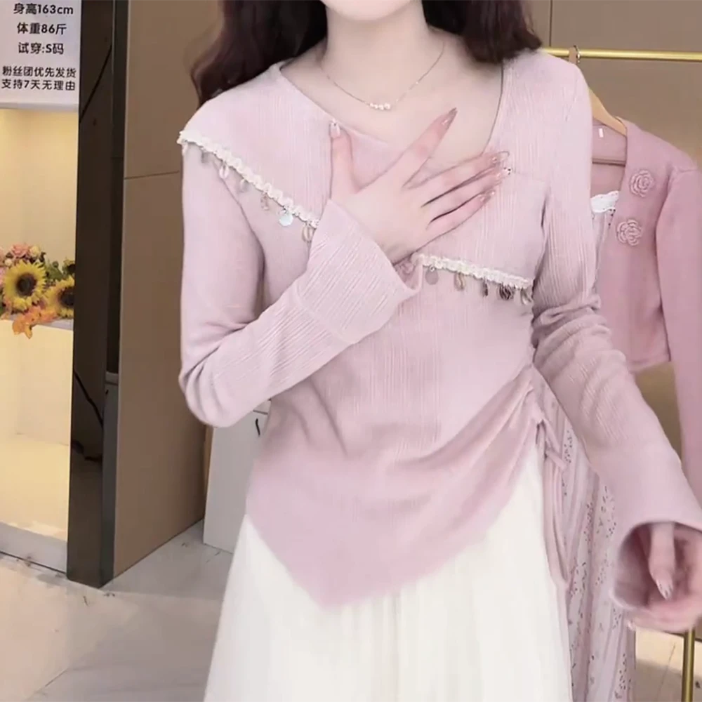 法式亮片小众春款百搭韩系设计感收腰斜领显瘦长袖T恤女