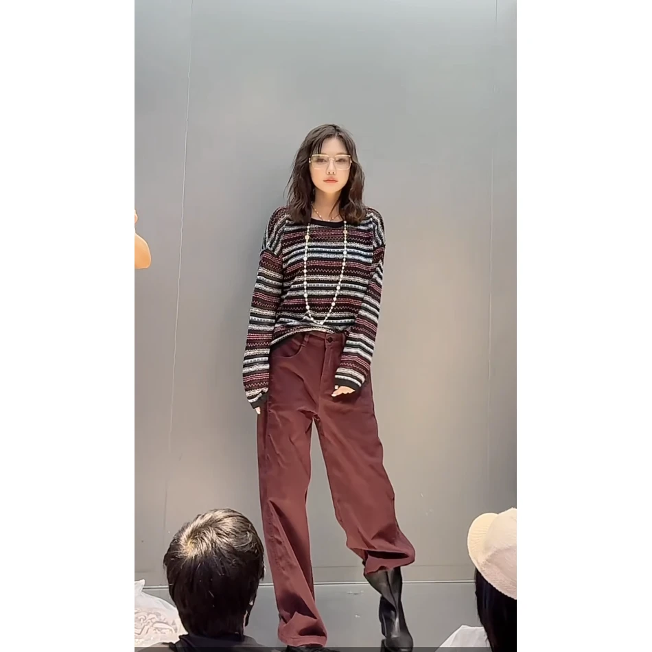 KIKI严选：7650-1-AMO家欧洲站南油秋季车厘子红直简裤子牛仔裤