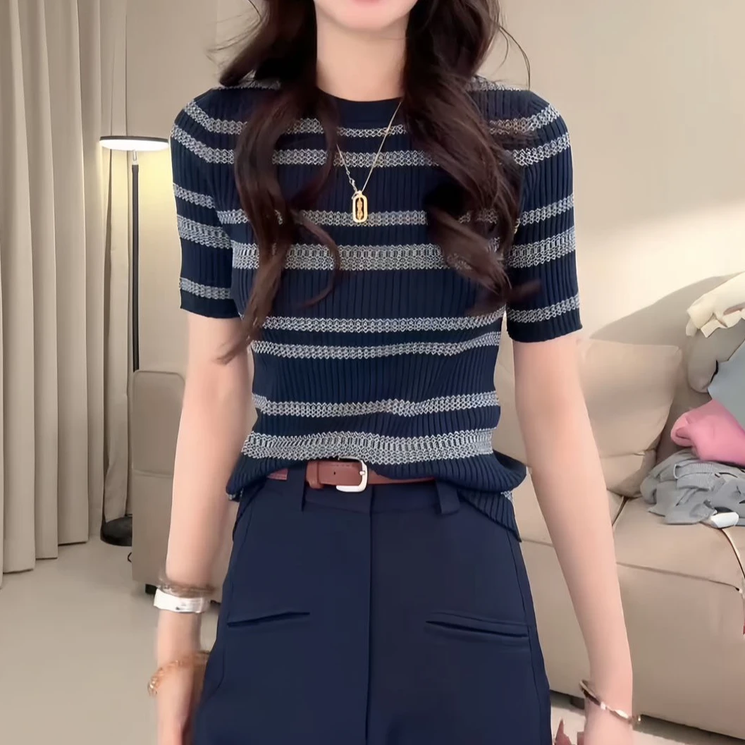 【SUSU】夏季休闲百搭条纹撞色圆领针织短袖上衣
