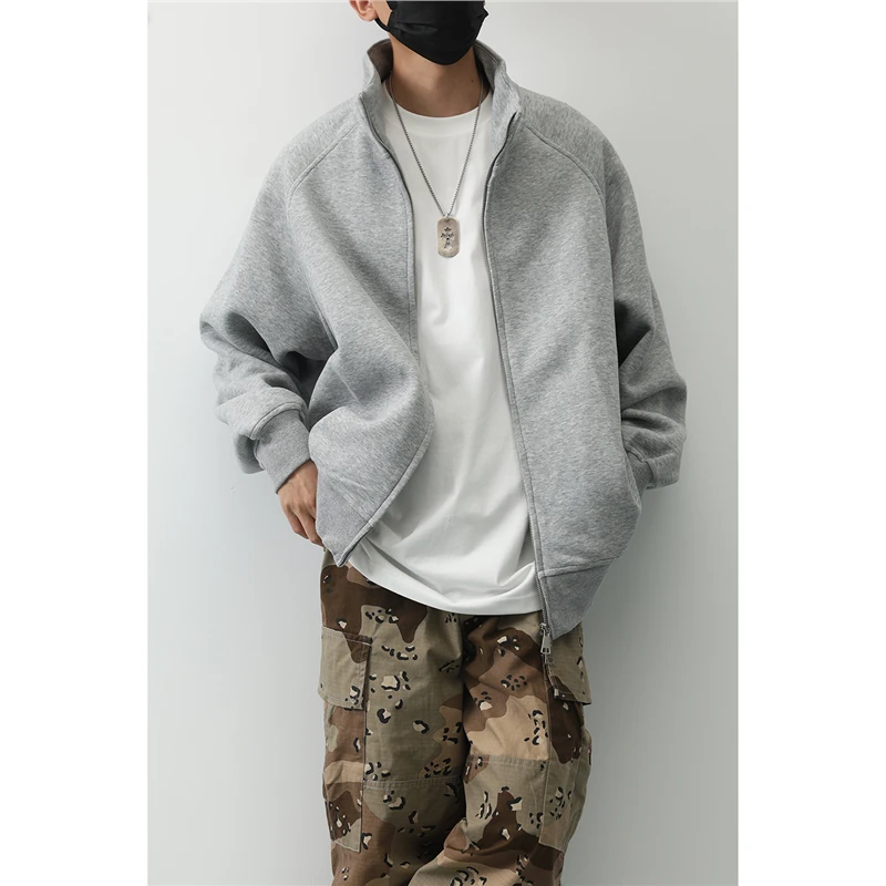 特大码300斤美式基础款立领运动外套欧美风宽松休闲潮牌开衫卫衣