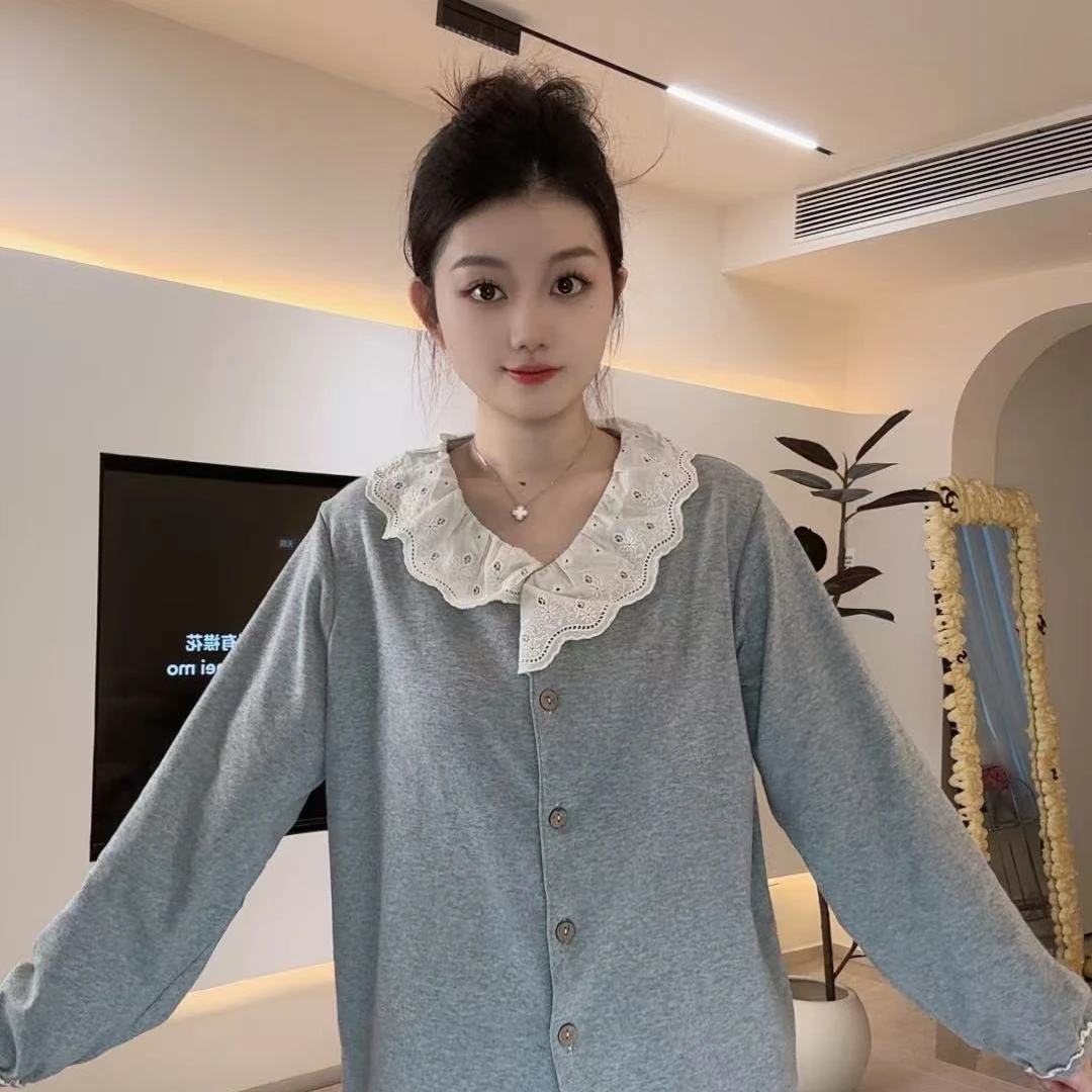 小舞【灰色记忆】全棉蕾丝春季新款长袖睡衣