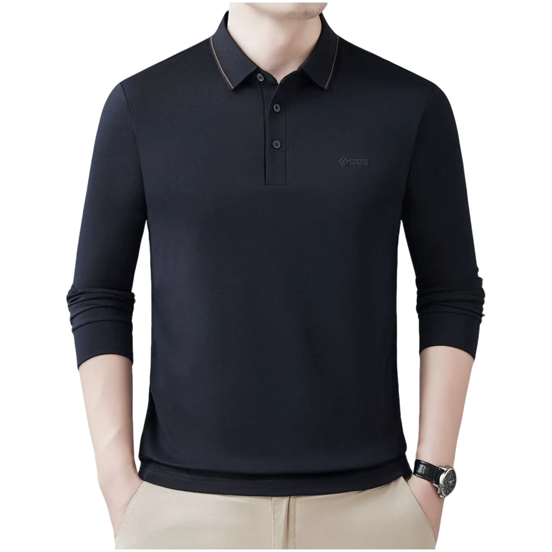 商务休闲男宽松型长袖春季Polo衫男士翻领无痕复古风