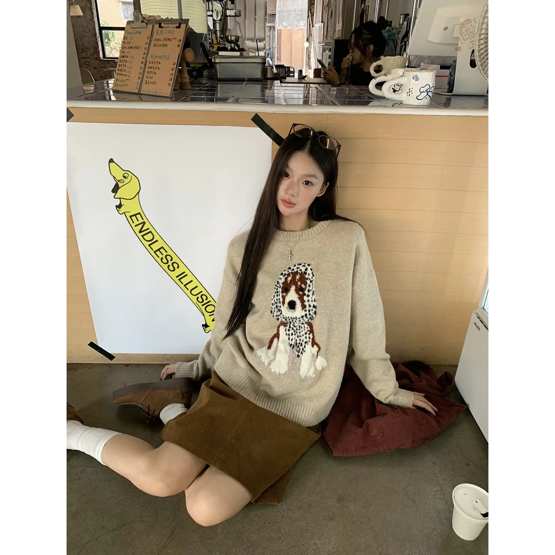 韩系甜美可爱小狗提花毛衣女秋季软糯百搭套头针织上衣C 9704#