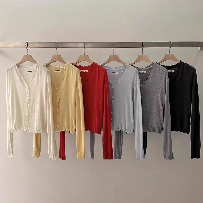 泡菜夏季新款 pepper甜美韩系木耳花边v领开衫女