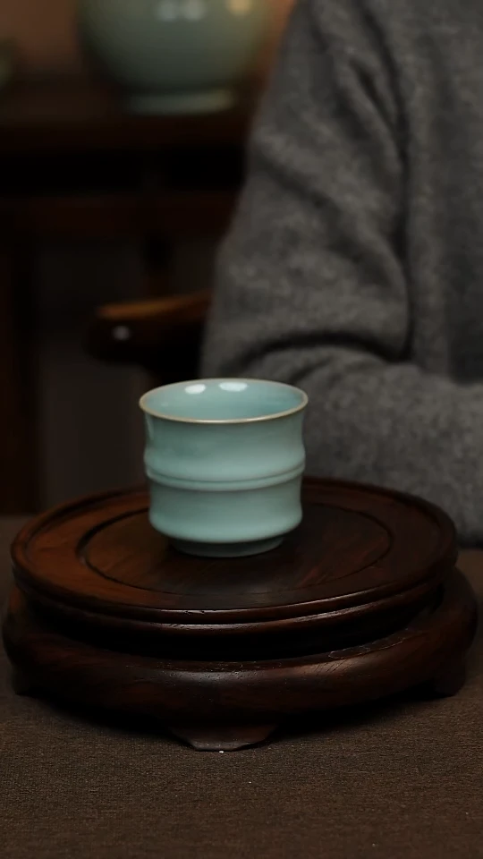 瓷片天青色全手工竹节杯100ml微瑕不带礼盒