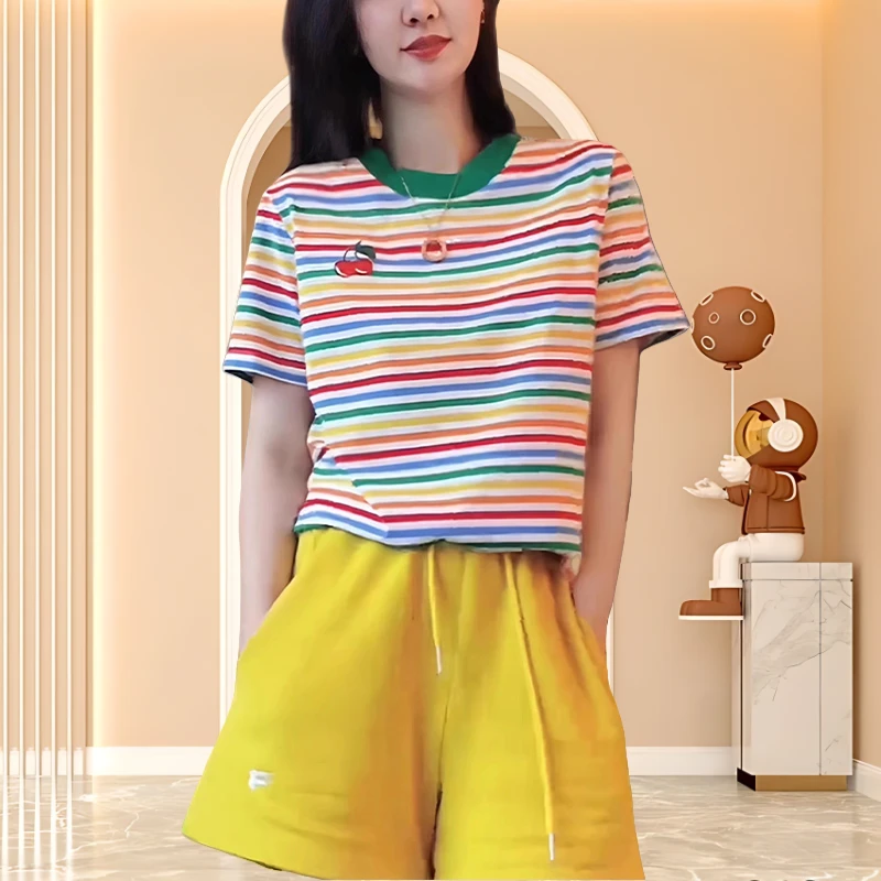 夏季短袖简约短裤休闲两件套女慵懒风女装多巴胺时尚套装彩色条纹