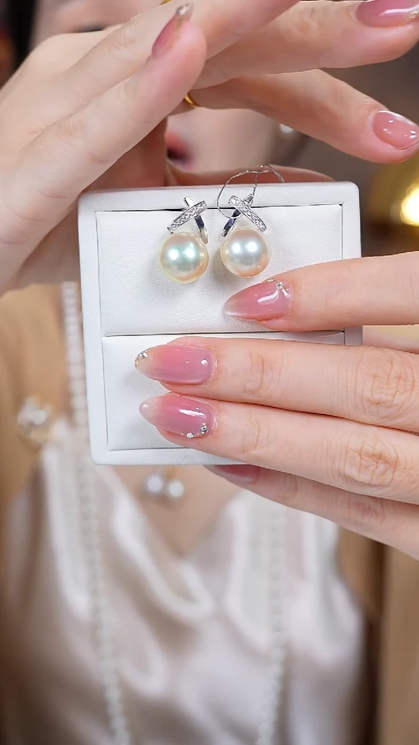 银S925镶嵌耳钉海水珍珠11-12mm干枯澳白