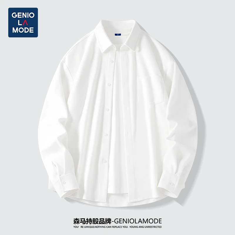 GENIOLAMODE白色衬衣男款春秋季宽松百搭磨毛上衣法兰绒衬衣男士