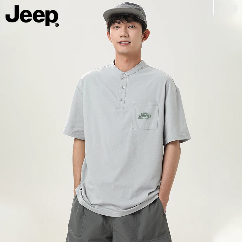 JEEP/吉普短袖男款2025新款复古休闲t恤男士夏季速干口袋立领体恤