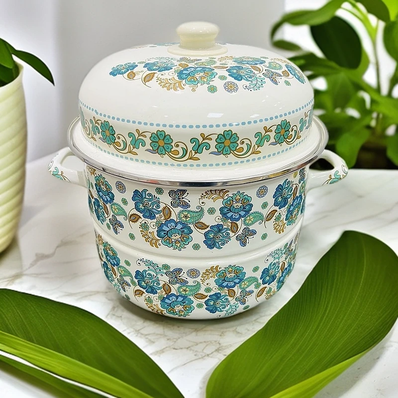 新疆包邮【26cm杏花两层蒸锅】搪瓷蒸锅加厚多层大容量炖锅蒸馒头锅