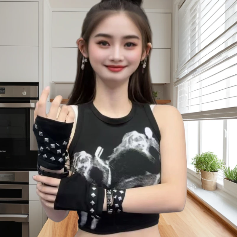 欧美金属朋克风机车黑色个性原宿半指手袖ins男女机能风防晒手袖