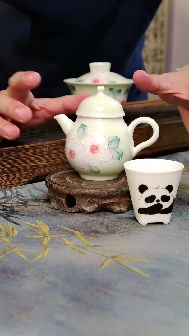 亘古茶具柴烧精品@手绘桃花壶加熊猫杯