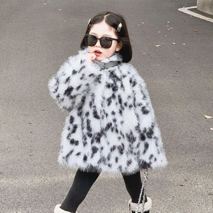 豹纹冬季厚款毛毛外套网红短款儿童洋气中长款女童大衣毛绒棉服