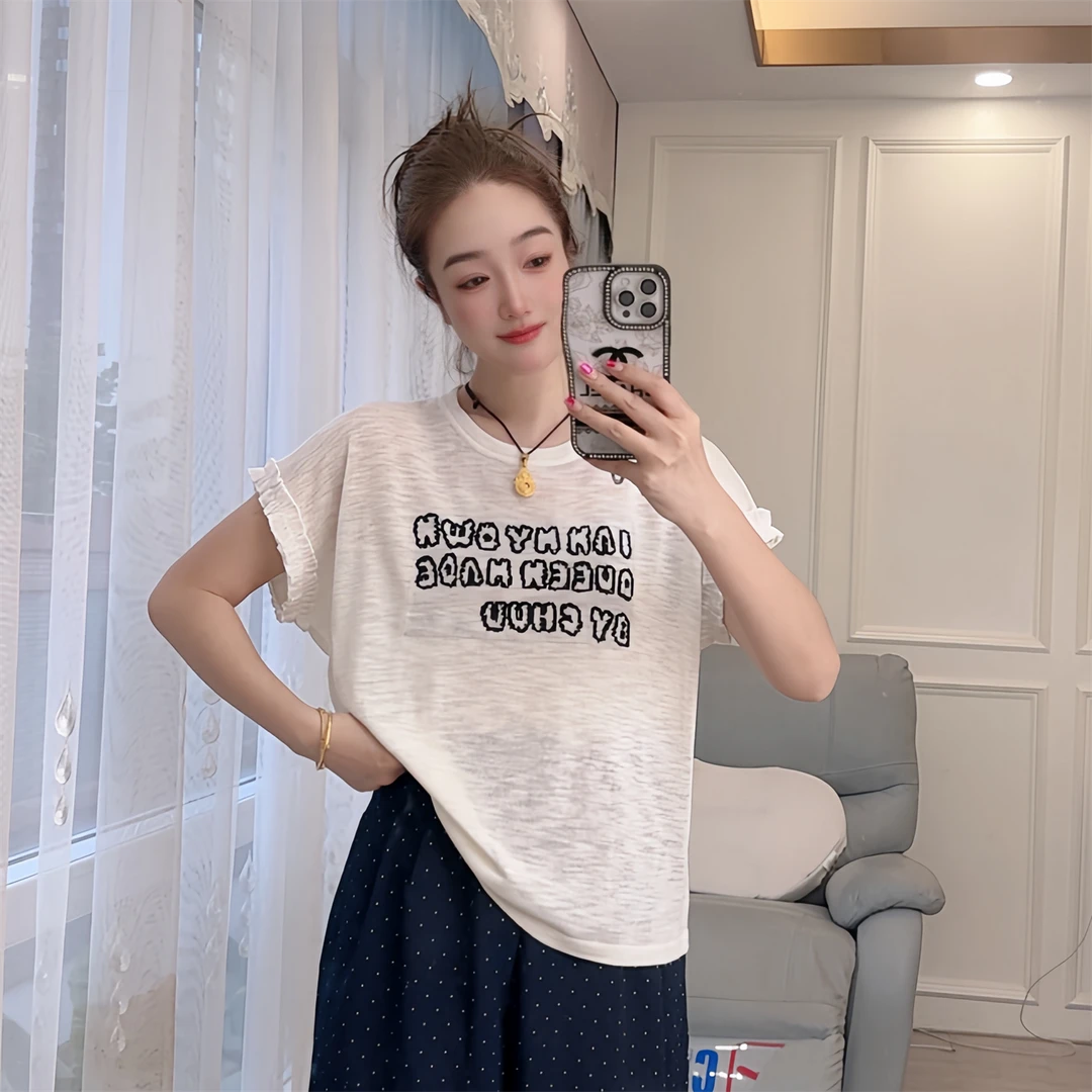 5112夏季针织衫套头短袖宽松女装字母蕾丝袖显瘦时尚百搭上衣