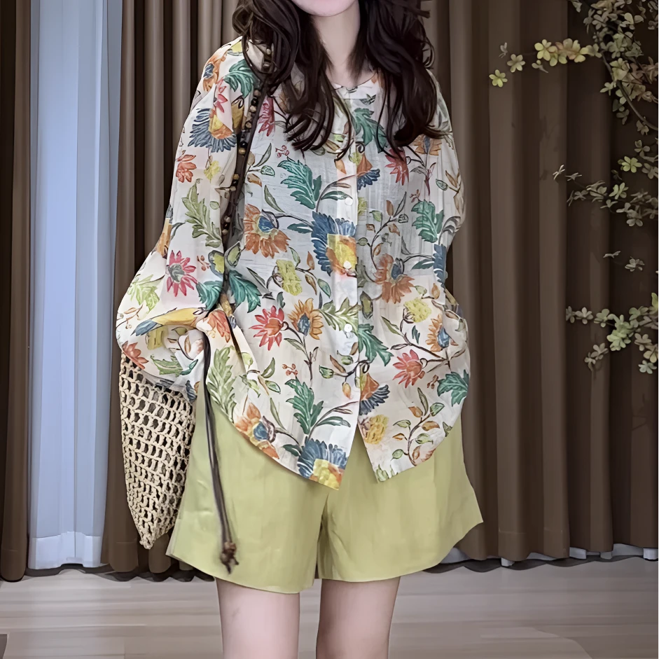 2025夏季新款时尚小众设计感罗马假日风花衬衫上衣高腰短裤两件套