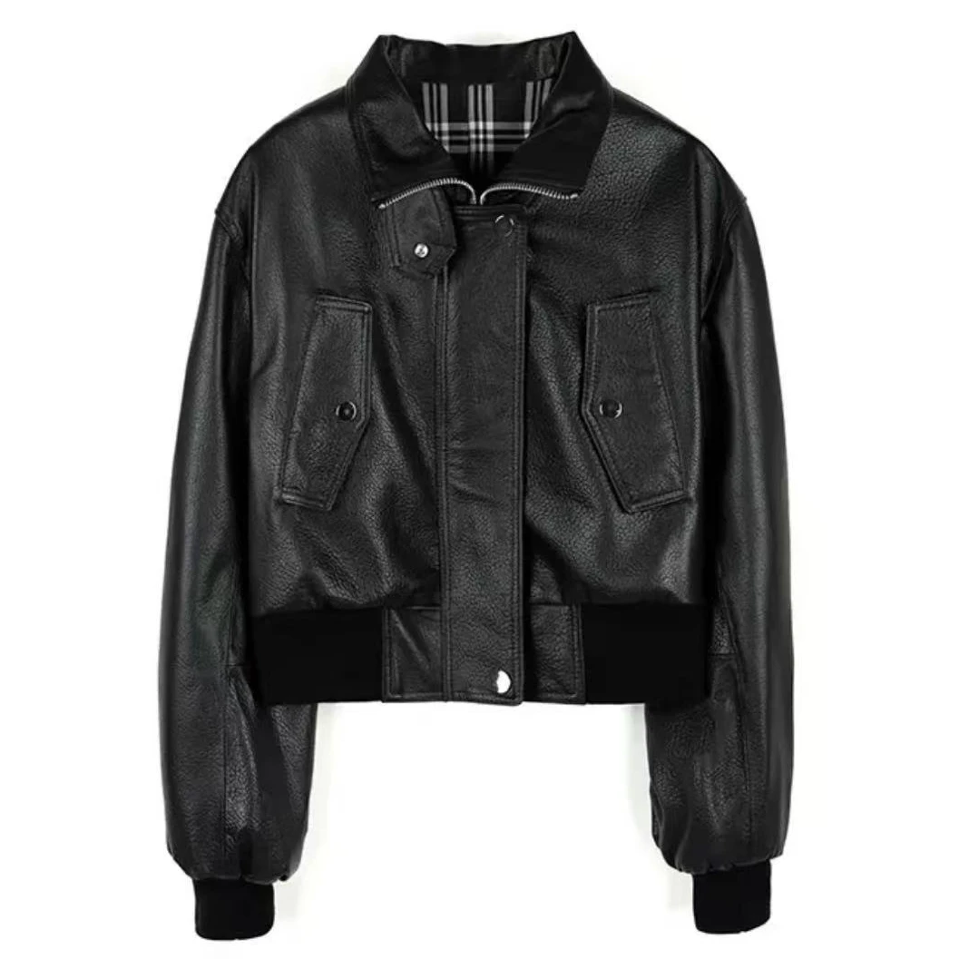 2025新款进口绵羊皮泡皮复古机车夹克黑色休闲女装外套短款T18