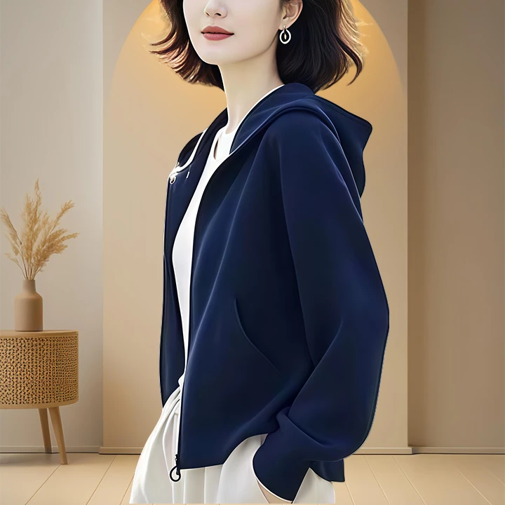 秋冬季拉链常规落肩袖连帽简约薄款卫衣长袖女装纯欲慵懒风女装