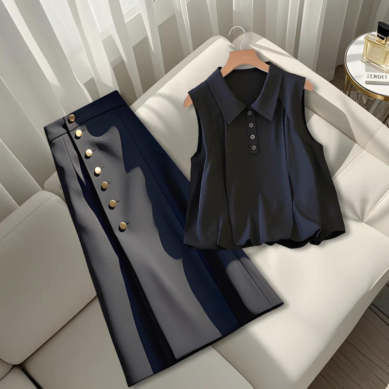2025夏季新款韩系极简风polo衫无袖衬衫上衣黑色高腰半身裙两件套