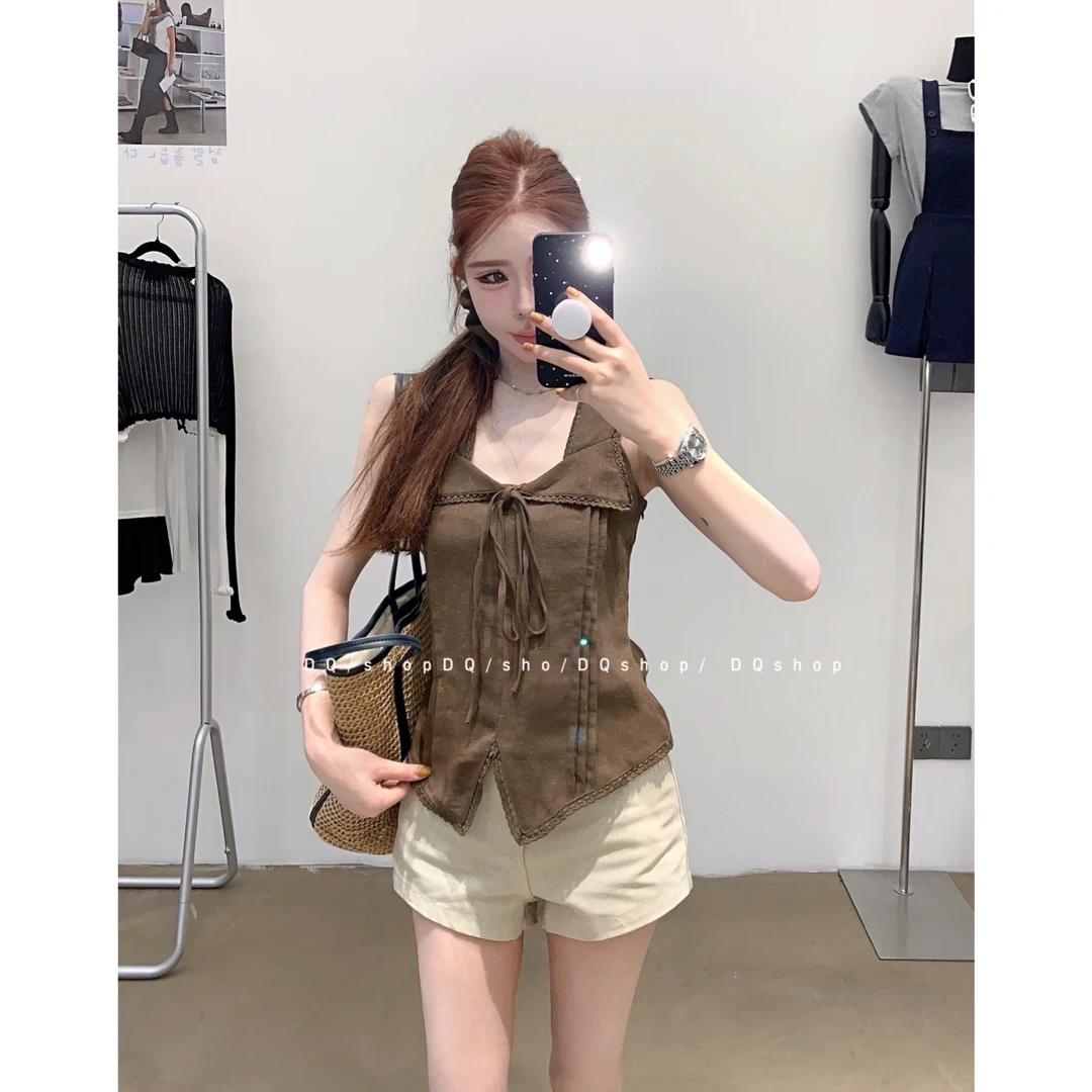 【莫桑恋人】 新款时尚韩系棕色U领无袖小上衣气质显瘦高级氛围感潮