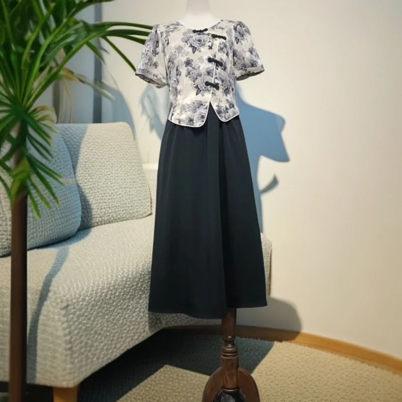 夏季新中式国风V领假两件气质印花连衣裙A162