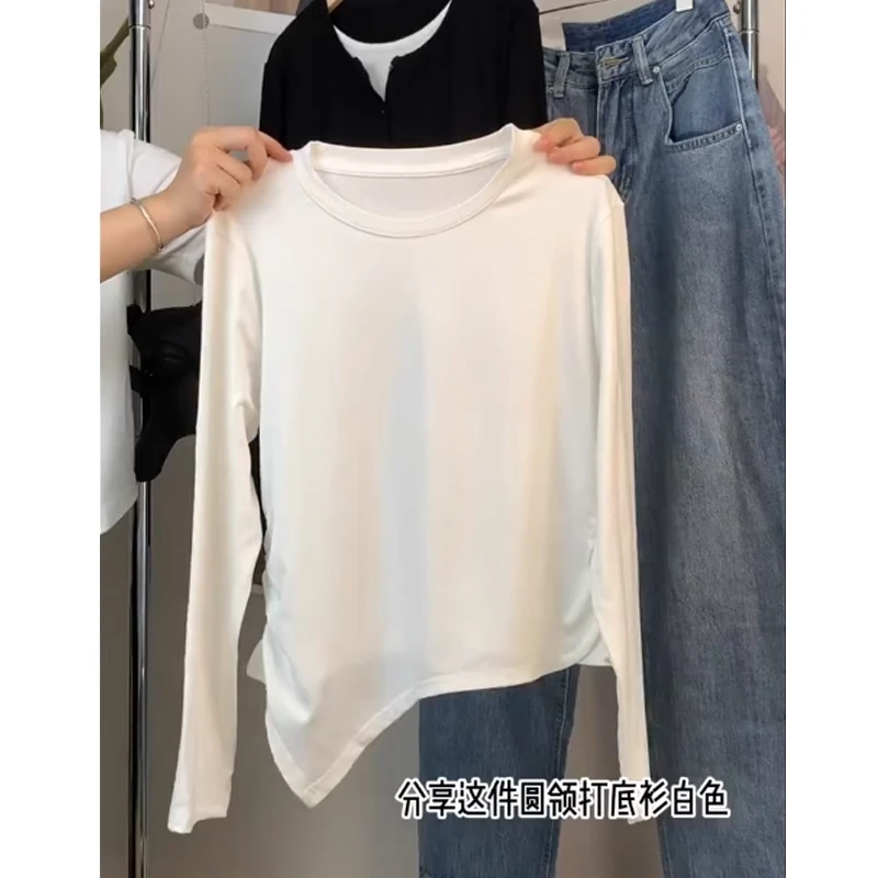 特大码200斤气质别致褶皱收腰设计感正肩圆领长袖t恤女春薄款内搭