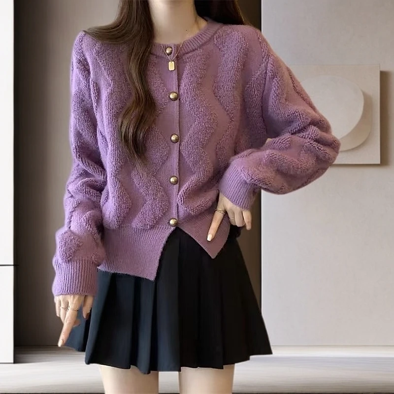 小个子波浪纹圆领针织开衫小香风毛衣慵懒风温柔设计感外套女