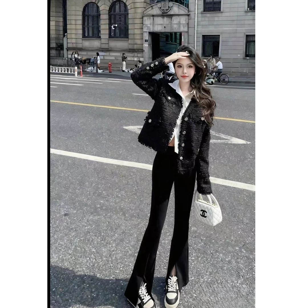 不开叉微喇裤2026春秋新款高腰修身显瘦百搭长裤黑色外穿垂感九分